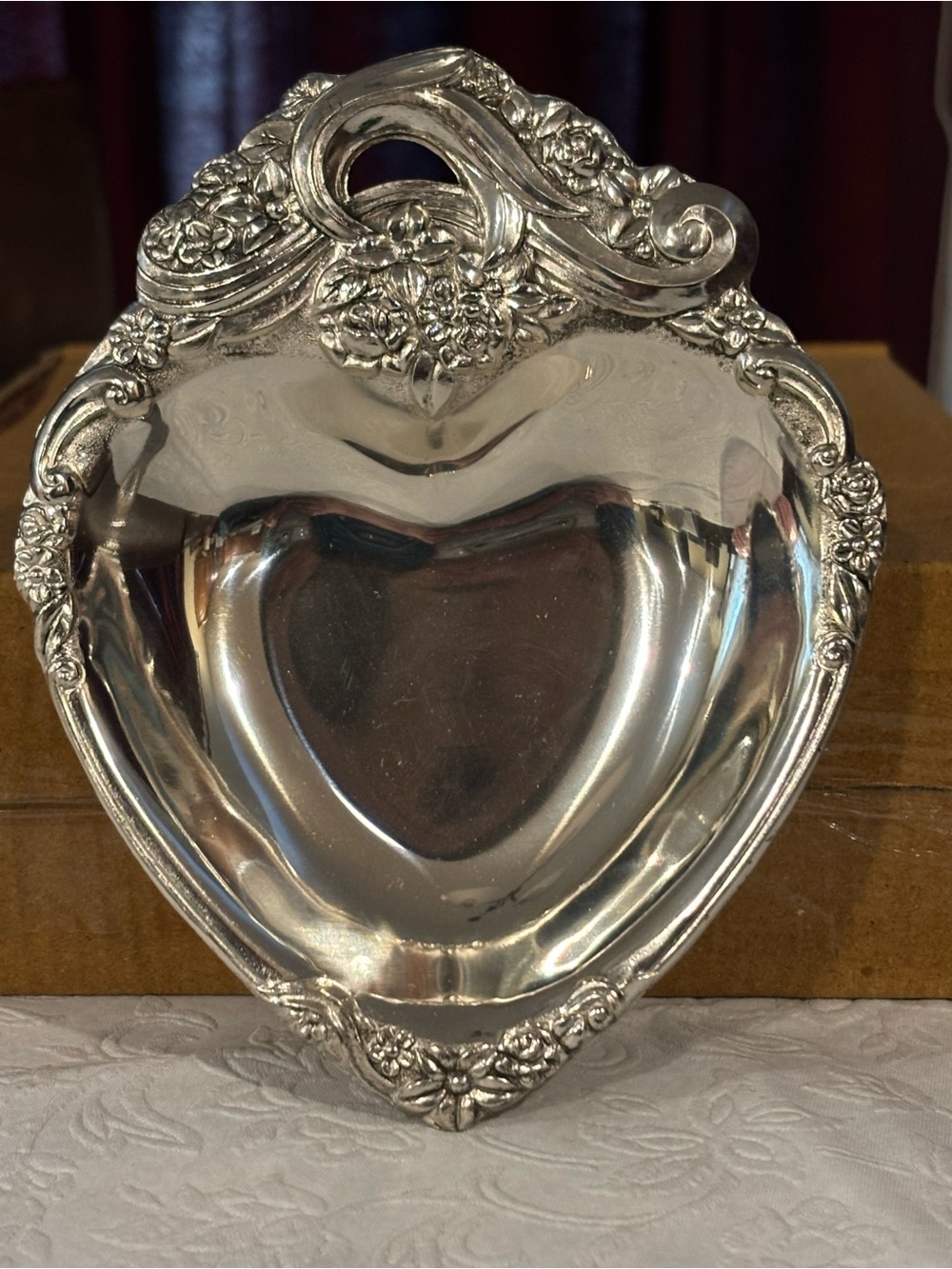Heart-Shaped Ornate Polished Pewter Trinket Dish